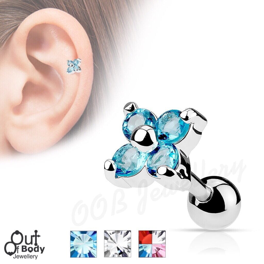 Cartilage/ Tragus Flower Quad CZ Gem Top Barbell