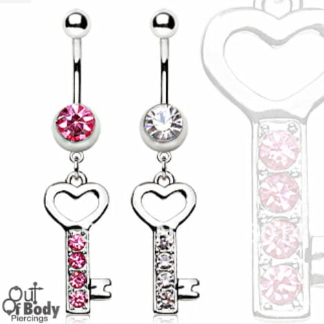 Crystal Paved Heart Shaped Key Belly Navel Ring