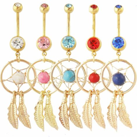 Dream Catcher Belly Ring Gold Plated With CZ & Turquoise