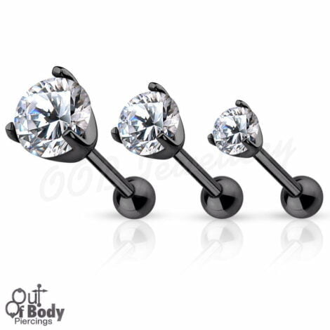 Cartilage/ Tragus Barbell W/ Prong Set Round CZ In IP Black