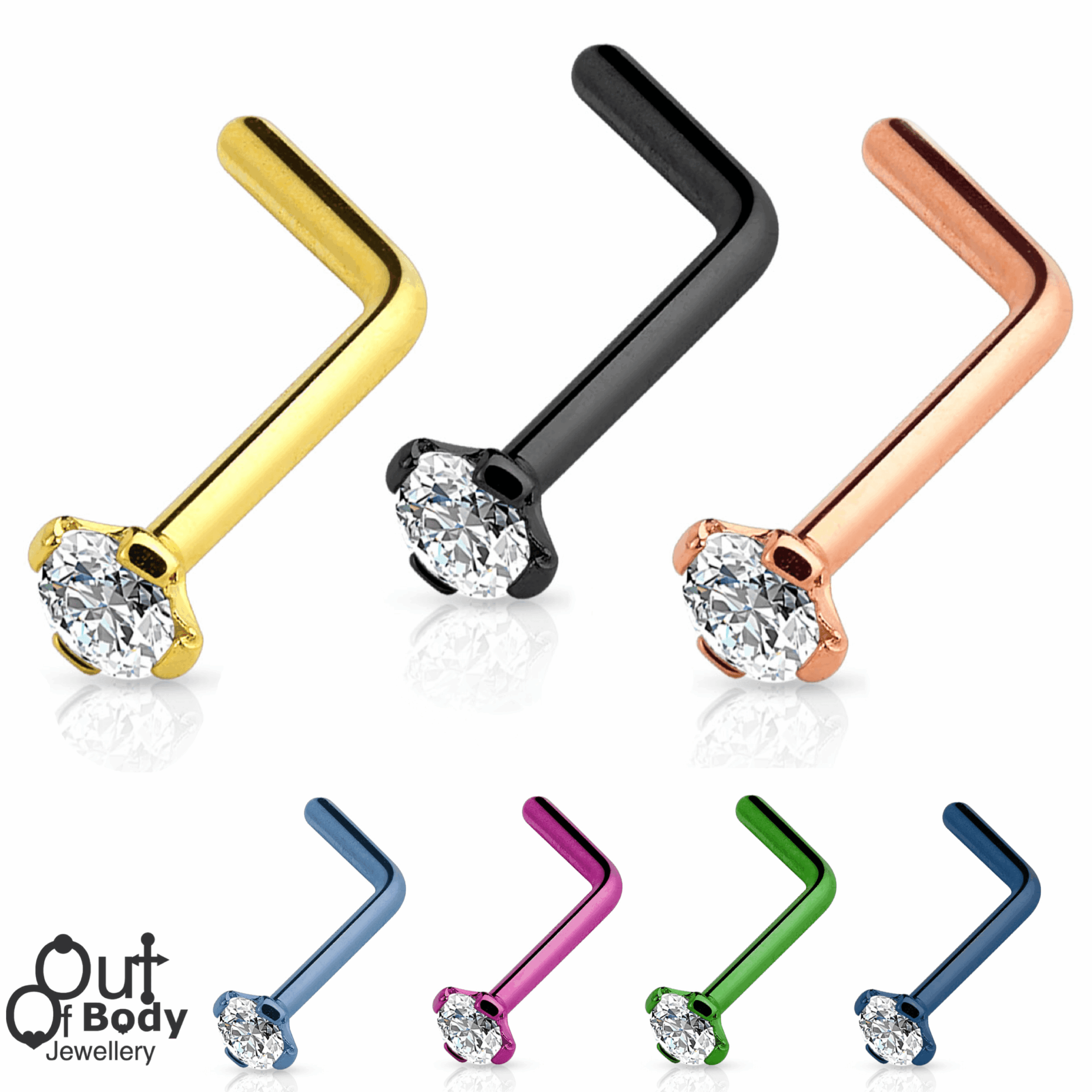 18G/ 20G Round 2mm Prong CZ L Bend Nose Ring in IP Titanium