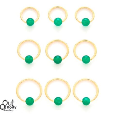 316L Steel Captive Bead Hoop 14KT Gold Plate W/ Jade Ball
