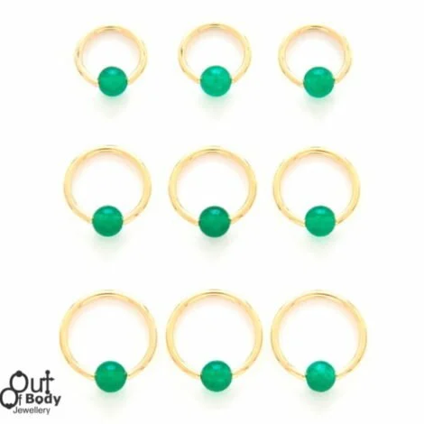 316L Steel Captive Bead Hoop 14KT Gold Plate W/ Jade Ball