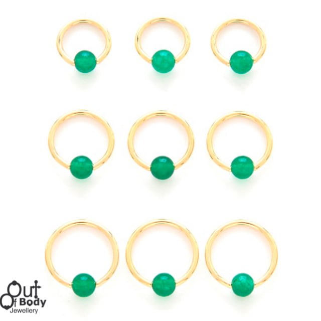 316L Steel Captive Bead Hoop 14KT Gold Plate W/ Jade Ball