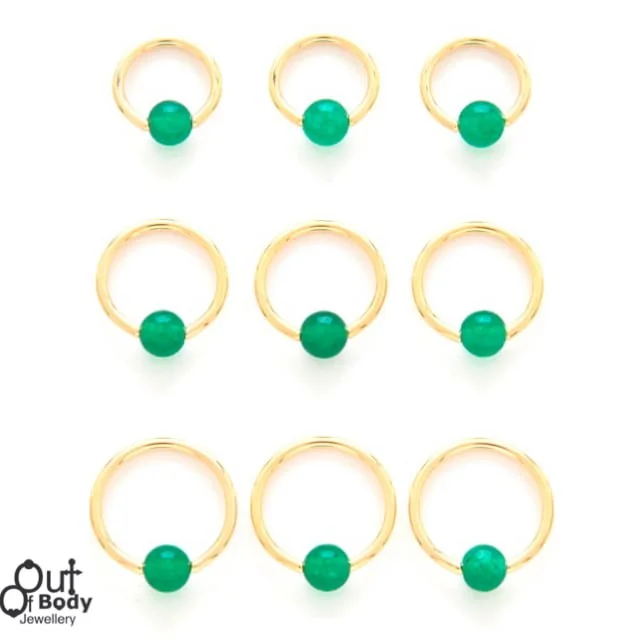316L Steel Captive Bead Hoop 14KT Gold Plate W/ Jade Ball