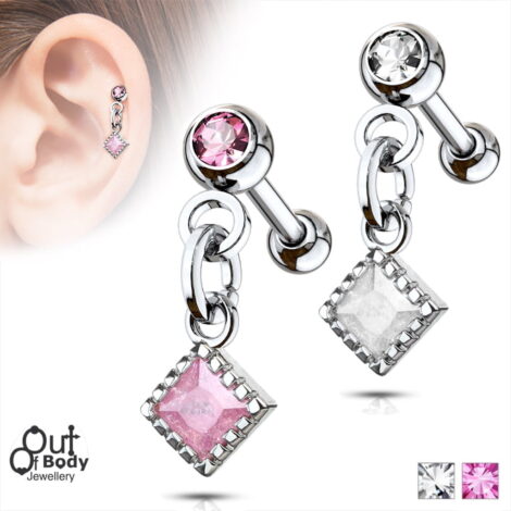 Cartilage/ Helix Barbell w/ Dangle Opalite Diamond & Gem Ball