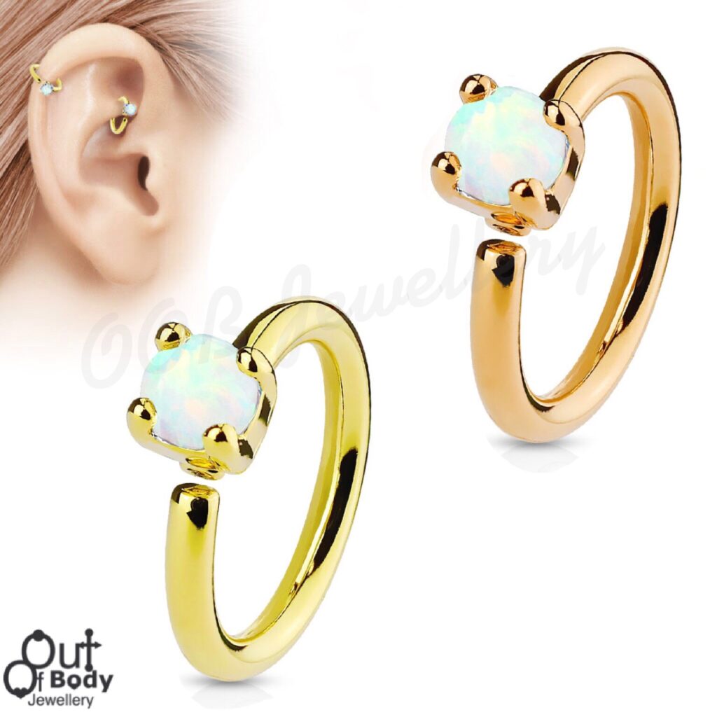 Ear Cartilage Bendable Hoop Ring W/ Prong Set Opal Gold Plated