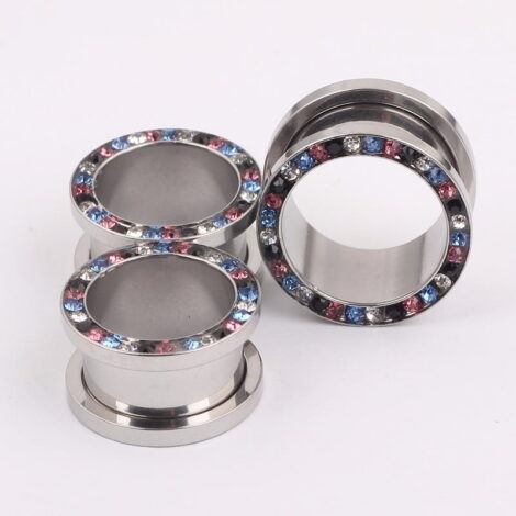 316L Steel Mixed Colour Crystal Rim Threaded Tunnel