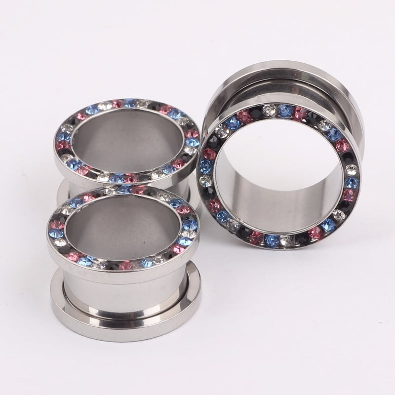 316L Steel Mixed Colour Crystal Rim Threaded Tunnel