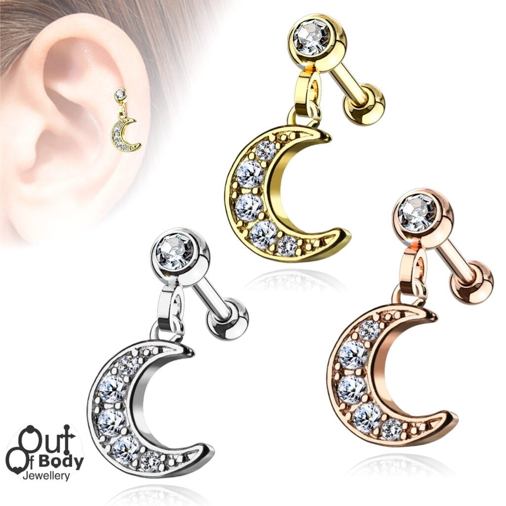 Cartilage/ Helix Barbell w/ CZ Paved Crescent Dangle & Gem Ball
