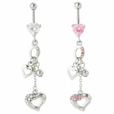 Prong Set Heart Belly Ring W/ Small Dangling Hearts