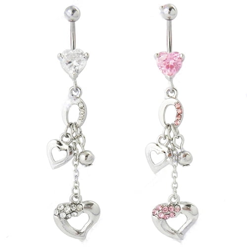 Prong Set Heart Belly Ring W/ Small Dangling Hearts