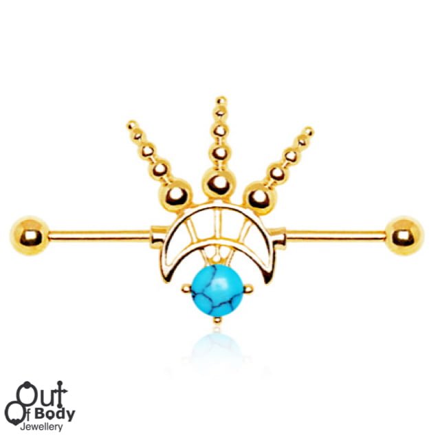 Cosmic Ray Industrial Barbell Gold Plated W/ Turquoise Stone