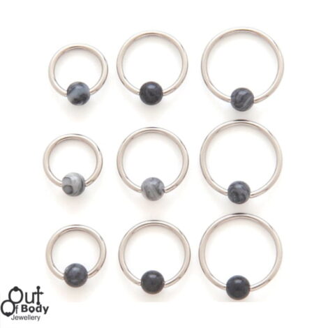 316L Steel Captive Bead Hoop W/ Black Agate Stone Ball