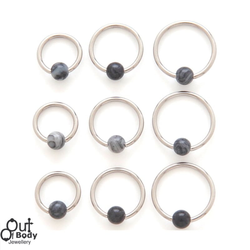 316L Steel Captive Bead Hoop W/ Black Agate Stone Ball
