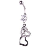 Prong Set CZ Belly Ring W/  Double Dangling Hearts