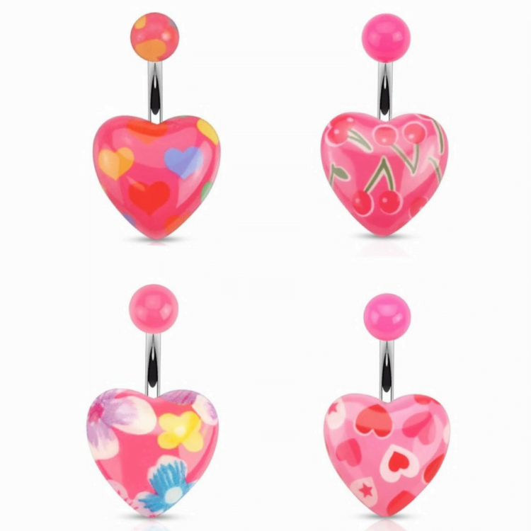 Colourful Romantic Pink Heart Print Navel Ring