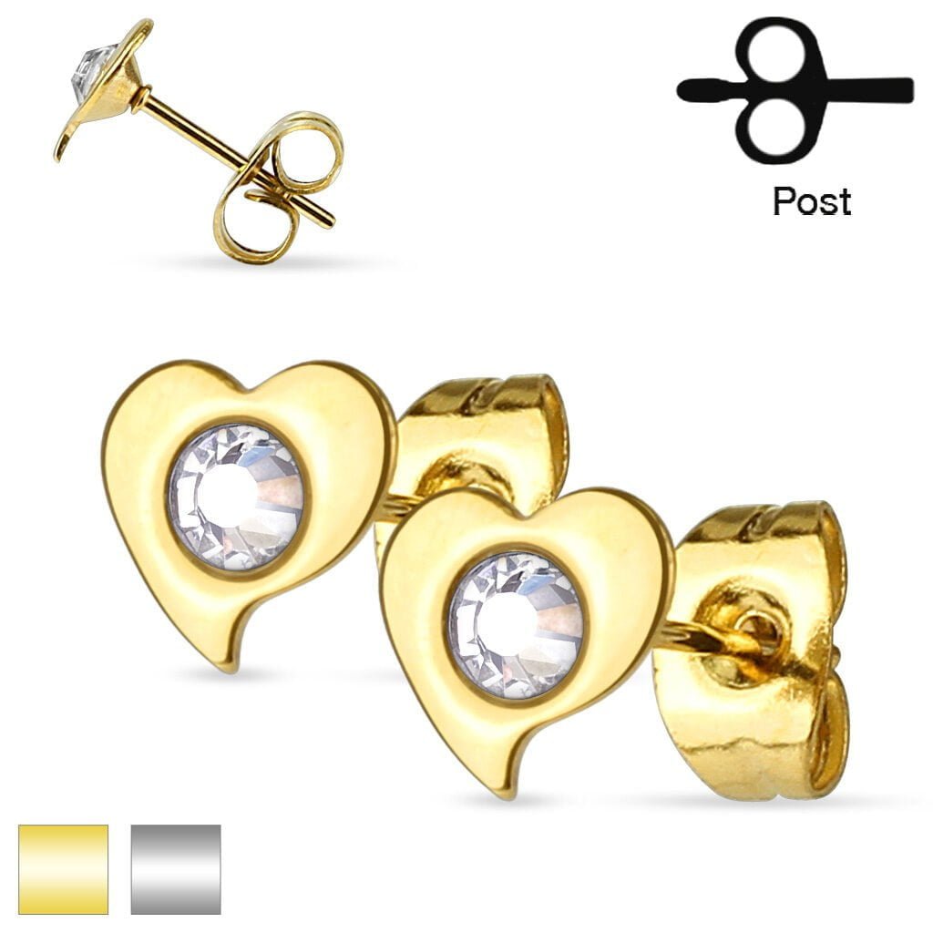 316L Surgical Steel Pair Of Crystal Set Heart Ear Studs