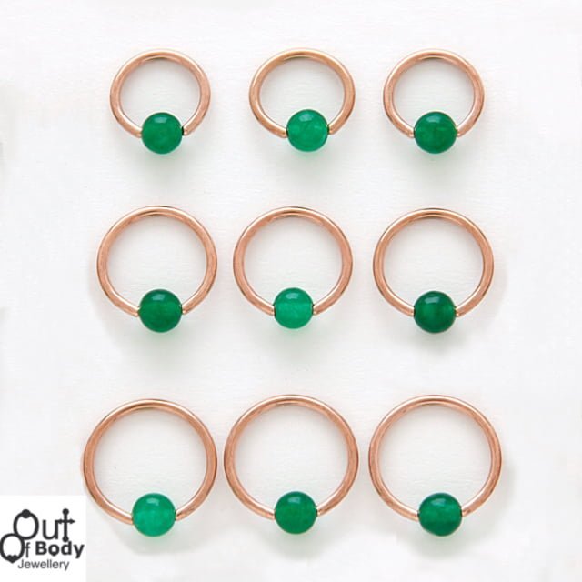 316L Steel Captive Bead Hoop 14KT Rose Gold Plated W/ Jade Ball