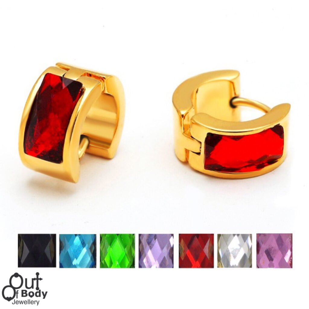 Gold Hoop Huggie Earrings W/ Facet Cut Crystal Front