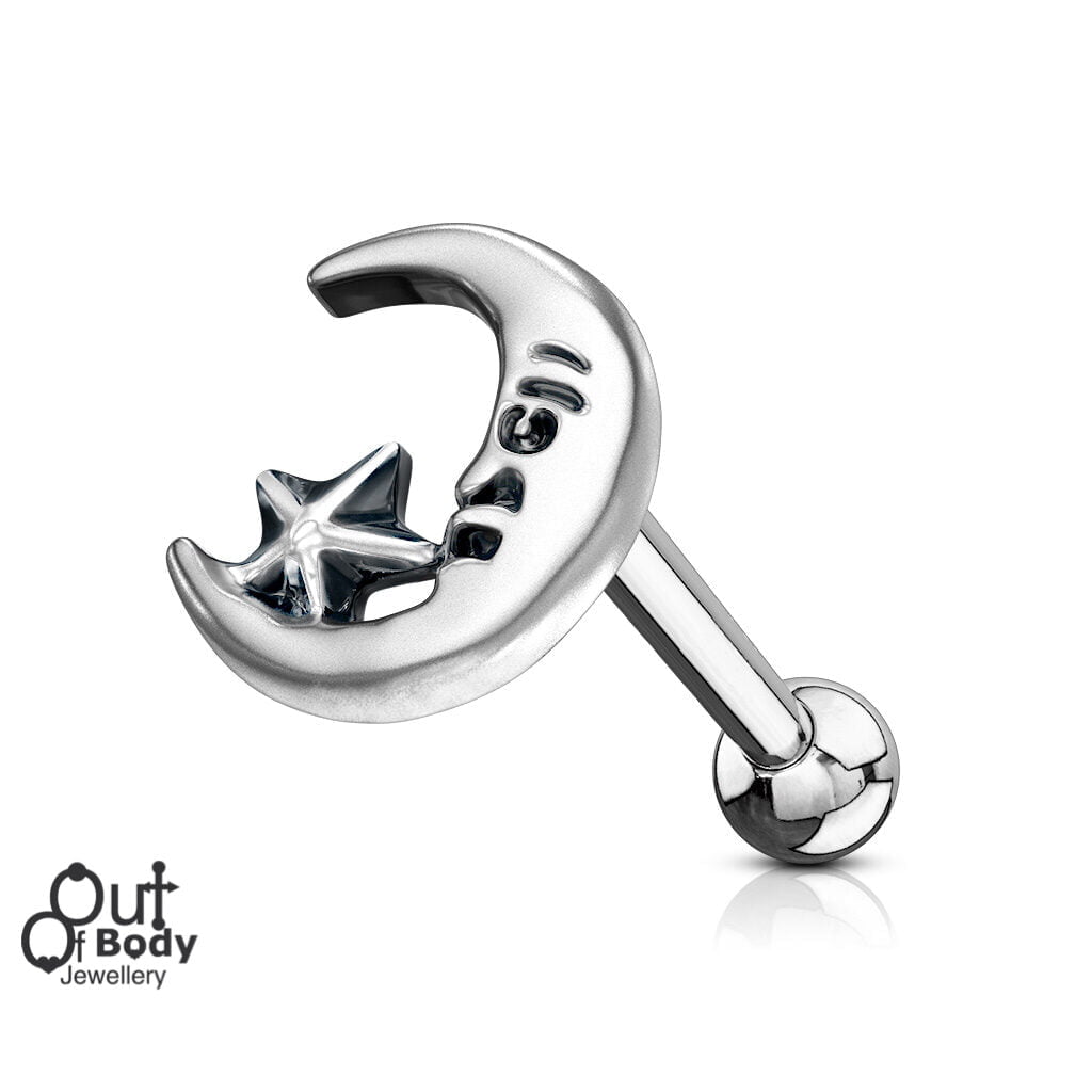 Cartilage/ Helix Moon Star Top Barbell w/ Antique Silver Plate