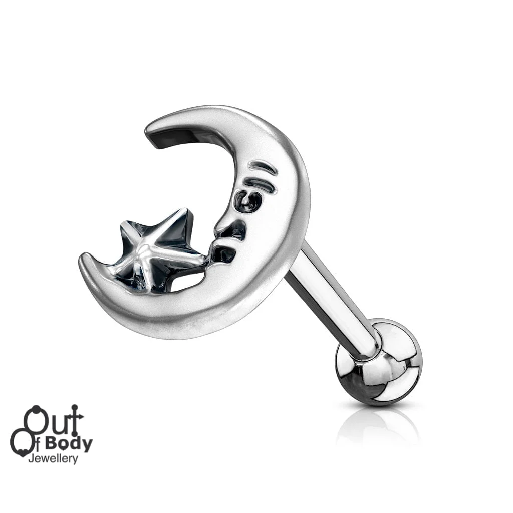 Cartilage/ Helix Moon Star Top Barbell w/ Antique Silver Plate