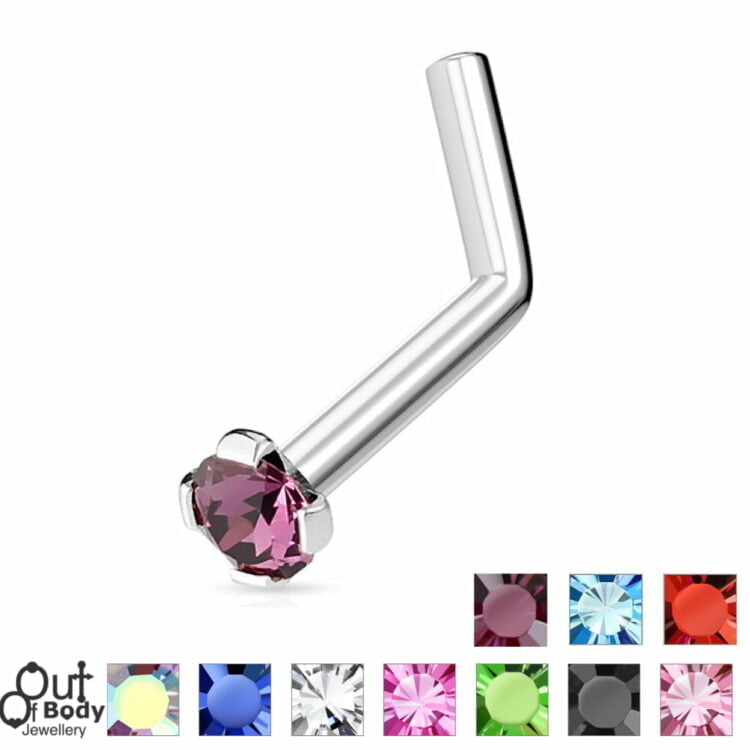 18G/ 20G Round 2mm Prong CZ L Bend Nose Ring