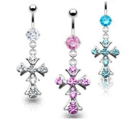 Prong Set Crystal Belly Ring W/ Dangling Vintage Crystal Cross