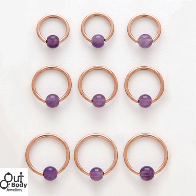 316L Steel Captive Bead Hoop 14KT Rose Gold Plate W/ Stone Ball