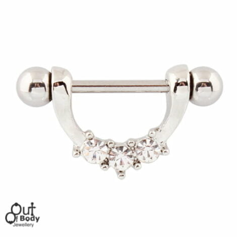 316L Steel Nipple Barbell W/ Triple Gem Set Shield