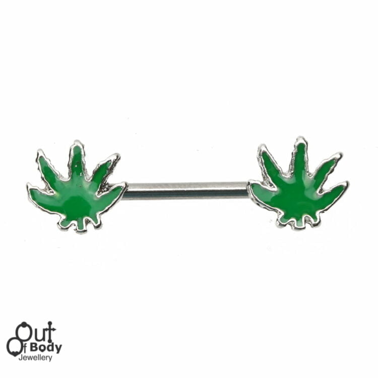 Nipple Barbell Ring with Glossy Green Pot Leaf Ends