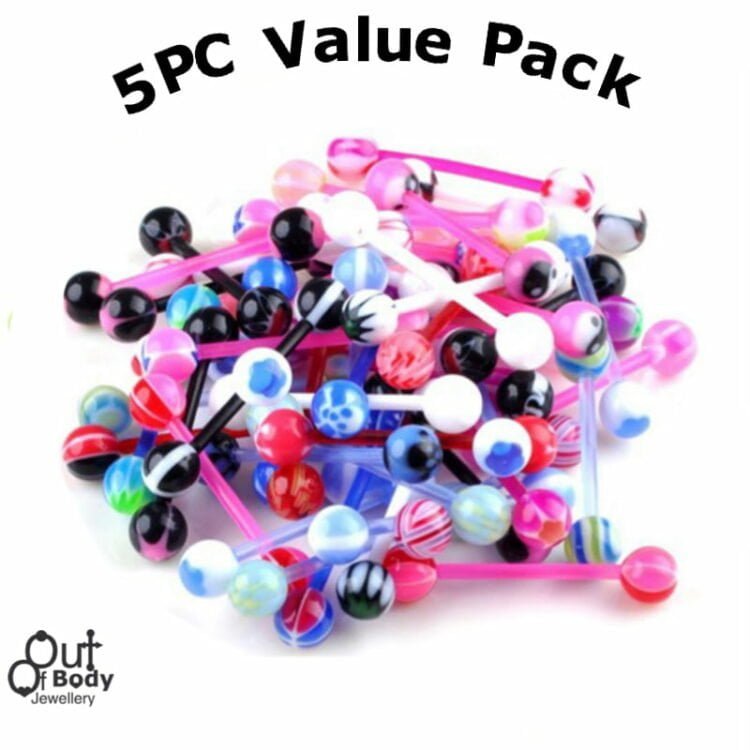 5PC Value Pack Tongue Barbell Bioplast Bar w/ Acrylic Balls