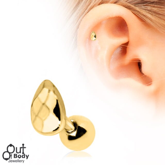 Cartilage/ Tragus Barbell W/ Faceted Teardrop Earring Gold Plate
