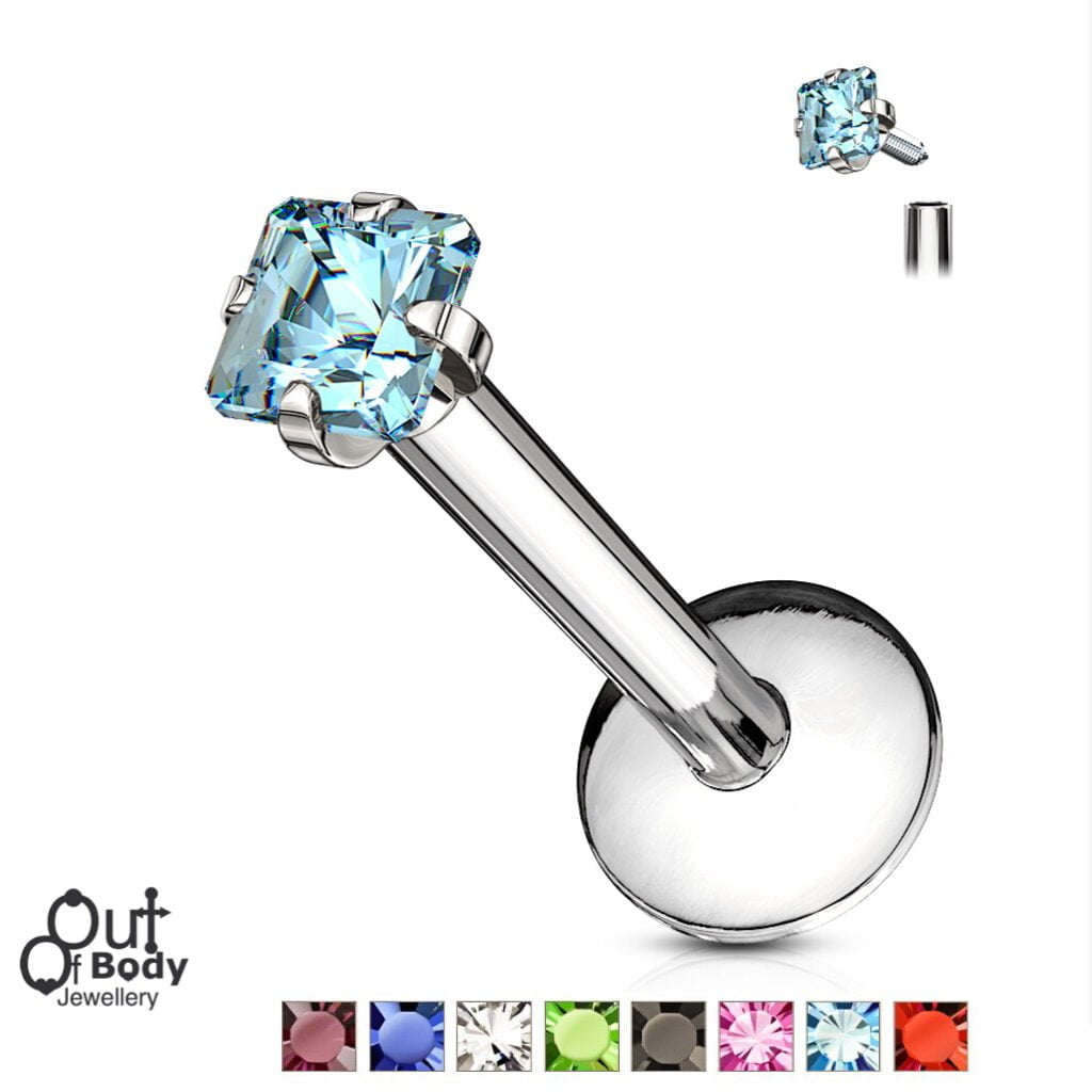 16G CZ Square Prong Set Top, Internally Threaded Labret