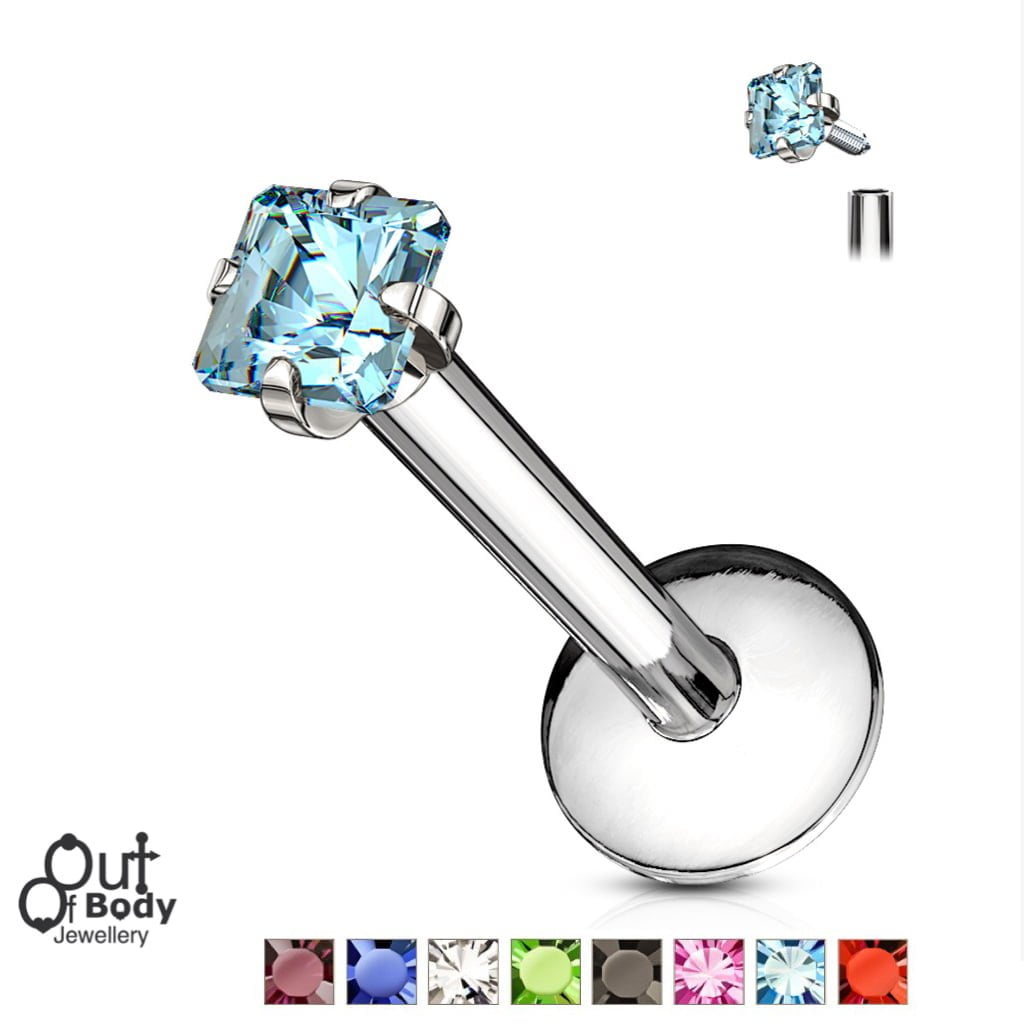 16G CZ Square Prong Set Top, Internally Threaded Labret