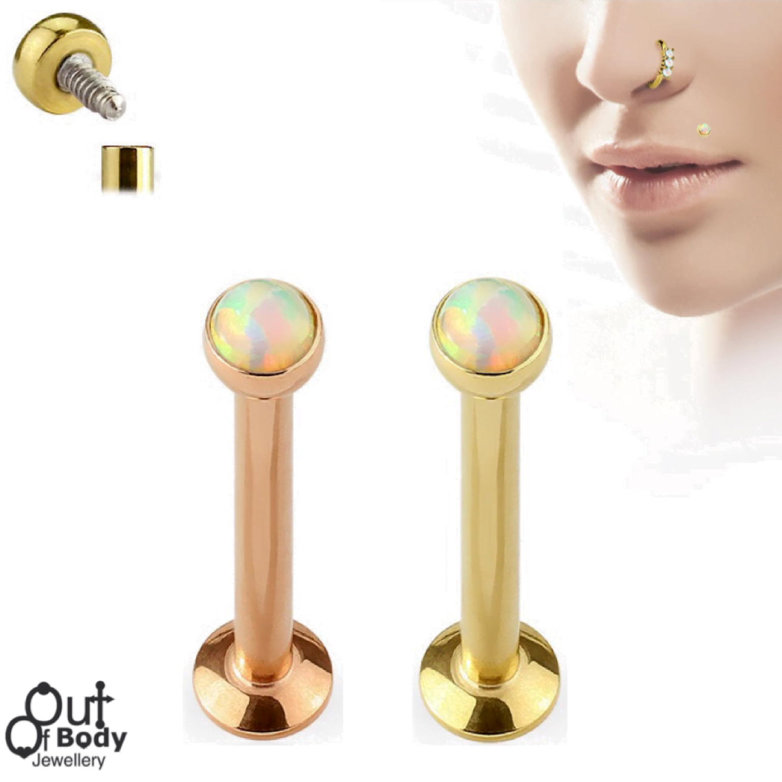16G Opal Set Flat Top Gold IP Internally Threaded Labret