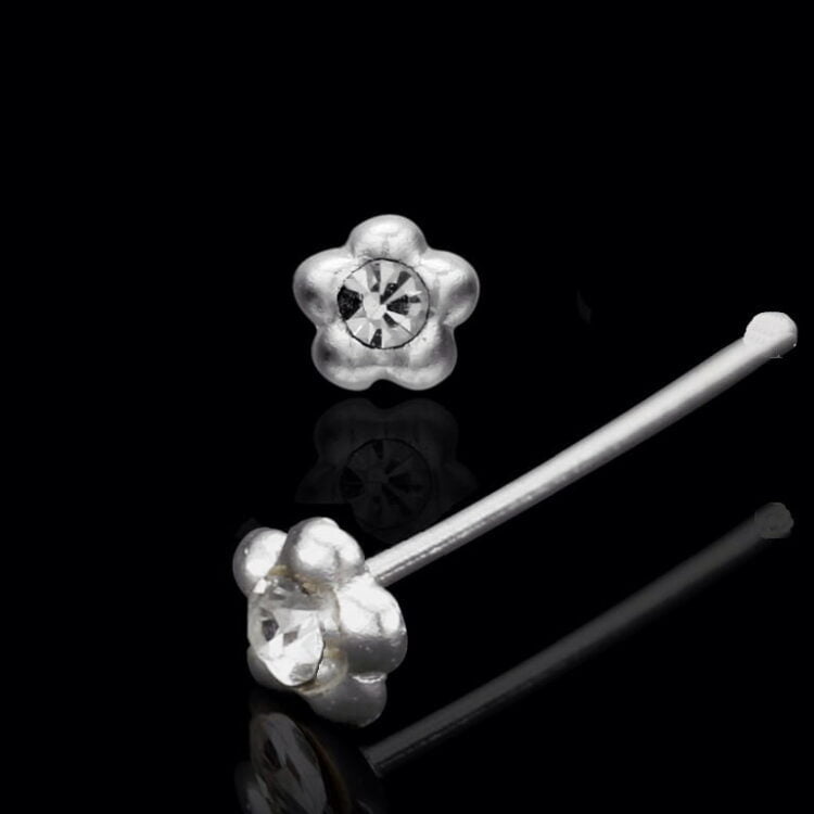 Sterling Silver Rounded Flower Nose Stud W/ Gem Top