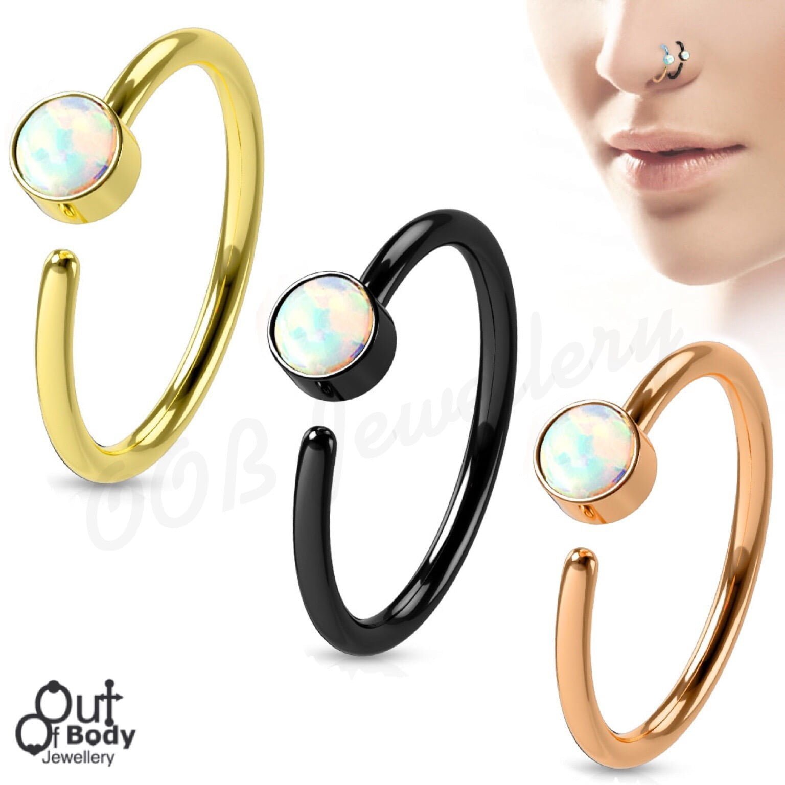 Hoop Nose Ring Opal White Fire Set W/ IP Plating