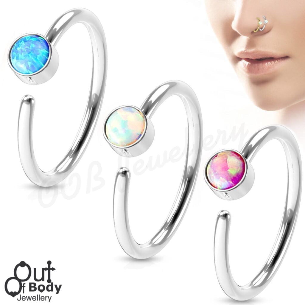 Hoop Nose Ring Opal Set 316L Surgical Steel