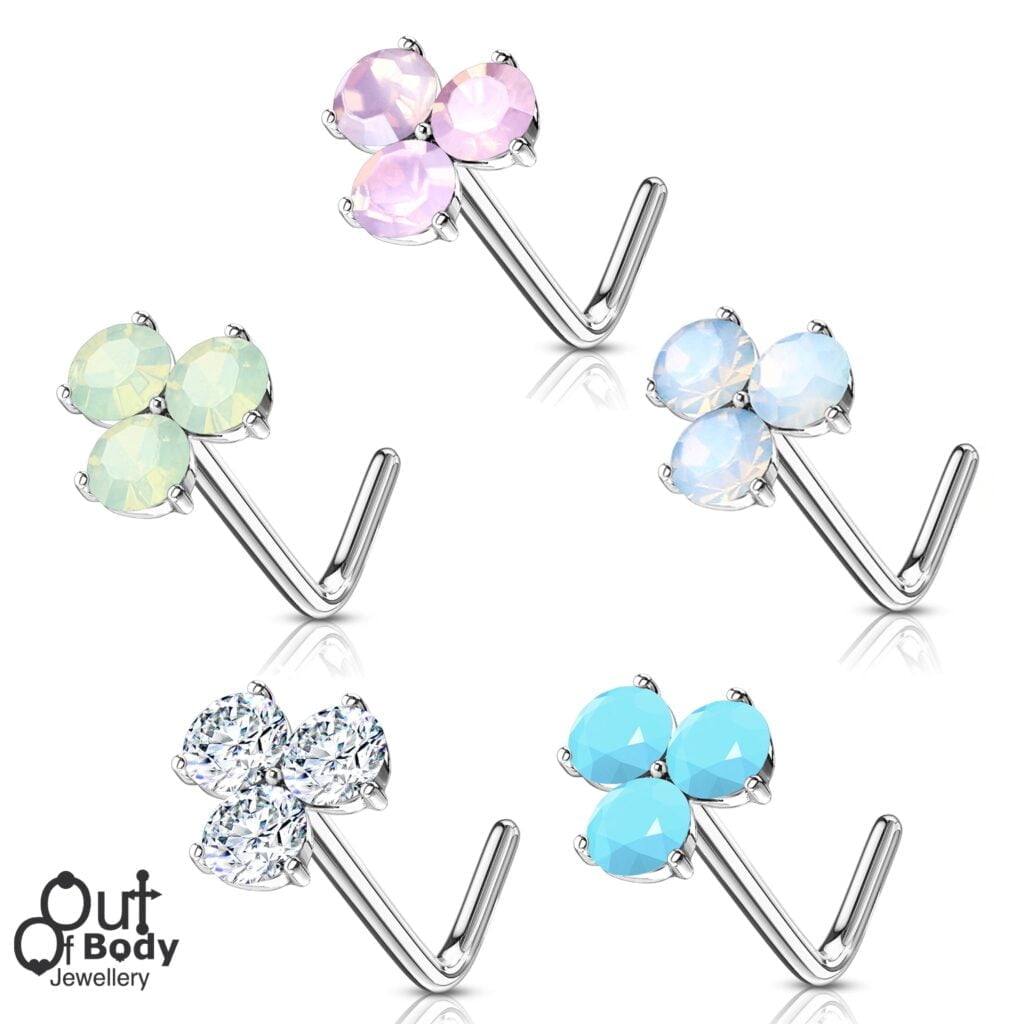 20G Opalite Turquoise or Crystal Triangle L-Bend Nose Ring