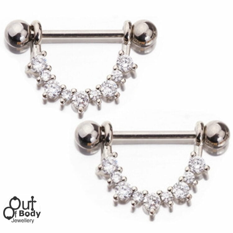 Crystal Lined Stirrup Shield Nipple Ring Barbell