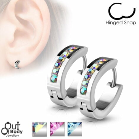 Lined Crystal Front Oval Shape Hoop Earrings In Stainless Steel