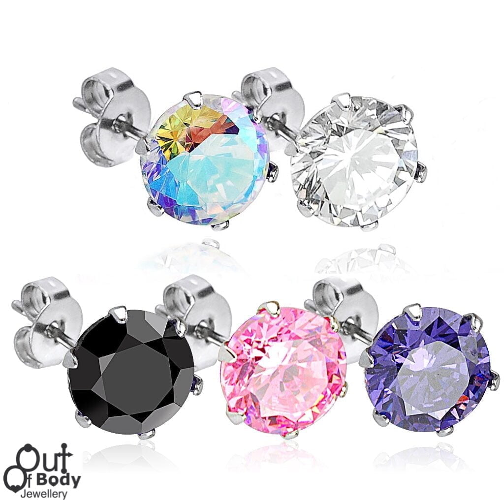 316L Stainless Steel Stud/ Post Earring Pairs W/ Round CZ