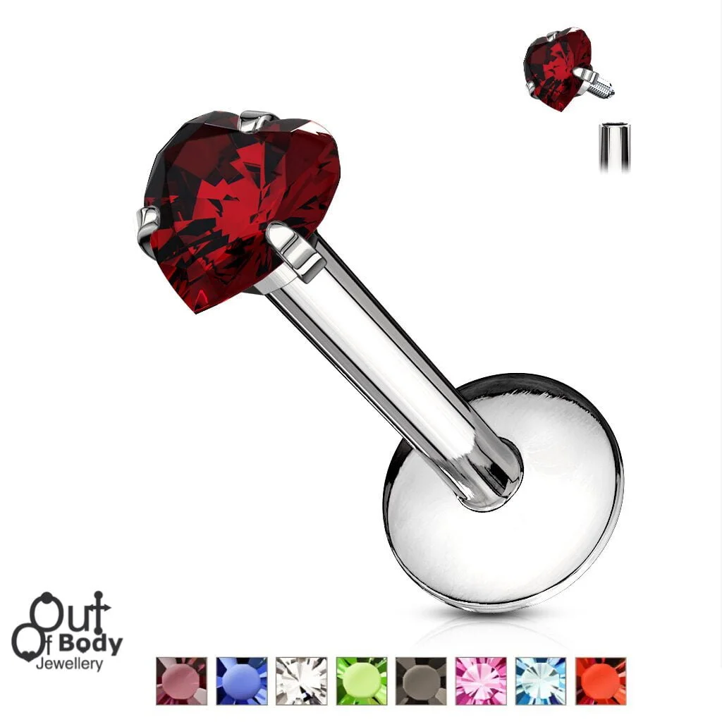 16G CZ Heart Prong Set Top, Internally Threaded Labret Monroe