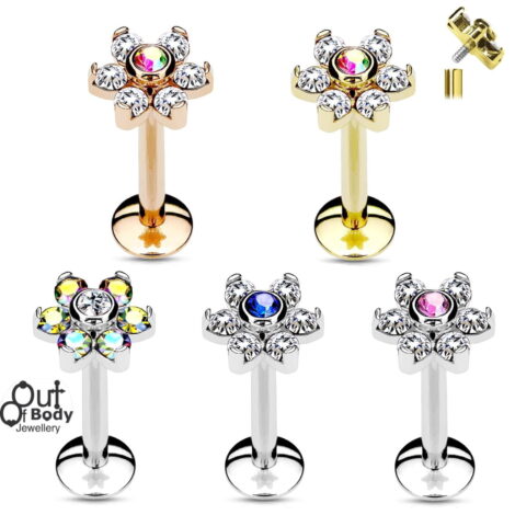 Ear Cartilage Stud with Internally Threaded 6-Gem Flower Top