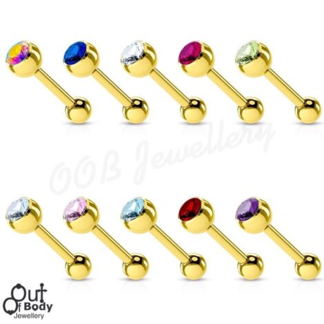 316L Steel Tongue Barbell In Gold w/ Press Fit Gem Ball
