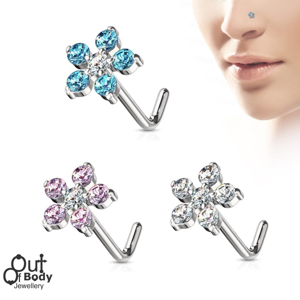 20G CZ Glittery Flower Fan L Bend Nose Ring