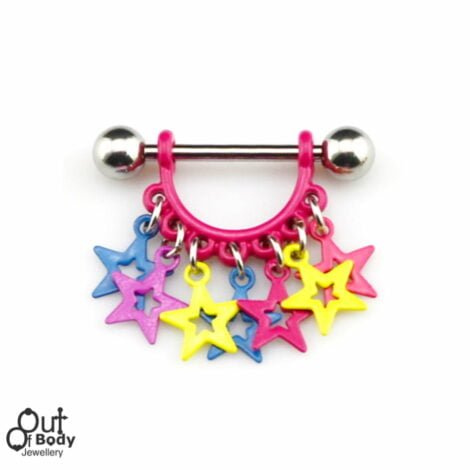 Colourful Dangling Stars Nipple Ring W/ Pink Shield
