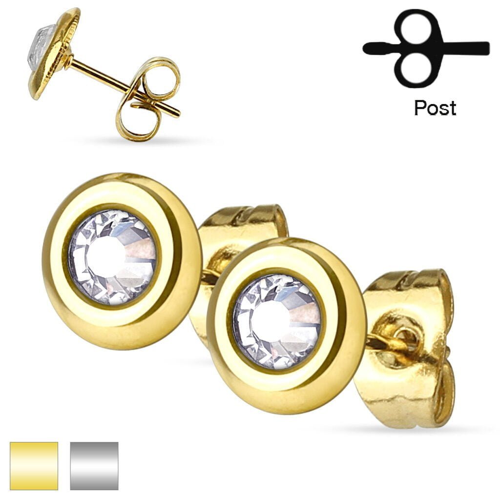 316L Surgical Steel Pair Of Crystal Set Disc Ear Studs