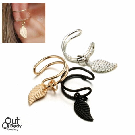 Cartilage/ Helix Ear Cuff Double Ring No Pierce W/ Dangle Leaf